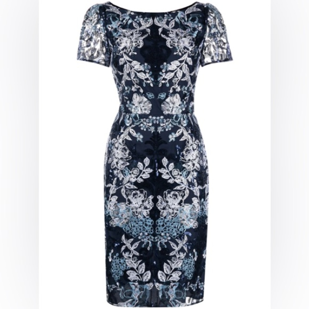 Marchesa Notte Navy Blue Floral Enbroidery Sequin Cocktail Sheath Dress 0 XS